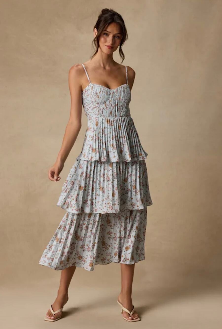 Lulus Cascading Crush Pale Blue Floral Print Tiered Bustier Midi Dress Size L